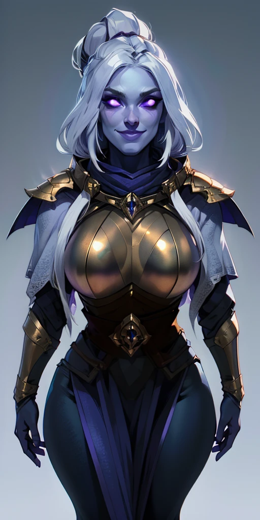 (Female chest covered) (smile) Gray skin pale golden hair and violet eyes. She prefers clothing of white and silver with cloaks of deep blue or purple, plain background, huge_knockers ((very precise detailed)) ((highres)