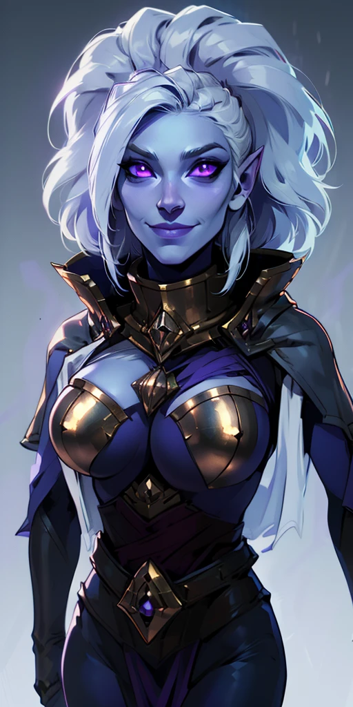 (Female chest covered) (smile) Gray skin pale golden hair and violet eyes. She prefers clothing of white and silver with cloaks of deep blue or purple, plain background, huge_knockers ((very precise detailed)) ((highres)