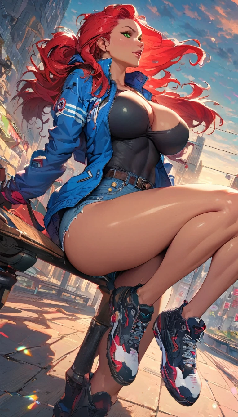 best quality,4k,8k,highres,masterpiece:1.2),ultra-detailed, extremely detailed eyes, extremely detailed body, (large masterpiece digital art), (detailed manga illustration), (detailed line art), ((perfect anatomy)), (intricate details:1.3), (ultra-detailed:1.3), (illustration:1.3), (sharp focus:1.3), (natural lighting:1.05), (vivid colors:1.3), (masterpiece), (best quality:1.4), (perfect anatomy:1.4), high quality, expressive eyes, full body, detailed face, beautiful face, perfect face, 1 girl, breasts, cleavage, gloves, large breasts, ultramarine jacket, very long hair, thigh length hair, ({dark skin}), dark-skinned female, detailed ((red hair)), messy hair, green eyes, gloves, jacket, hourglass physique, casual outfit, denim shorts, sneakers, graphic t-shirt, dynamic lighting, cityscape background curvy, Atey Ghailan, Jeremy Mann, Greg Manchess, Antonio Moro, trend in ArtStation, trend in CGSociety, Intricate, High Detail, Sharp focus, dramatic and photorealistic painting art by Midjourney and Greg Rutkowski, Jeff Bridges, ((cartoon style)), Marvel Cinematic Universe style, (((Boston in the background))), soft bokeh of Boston
