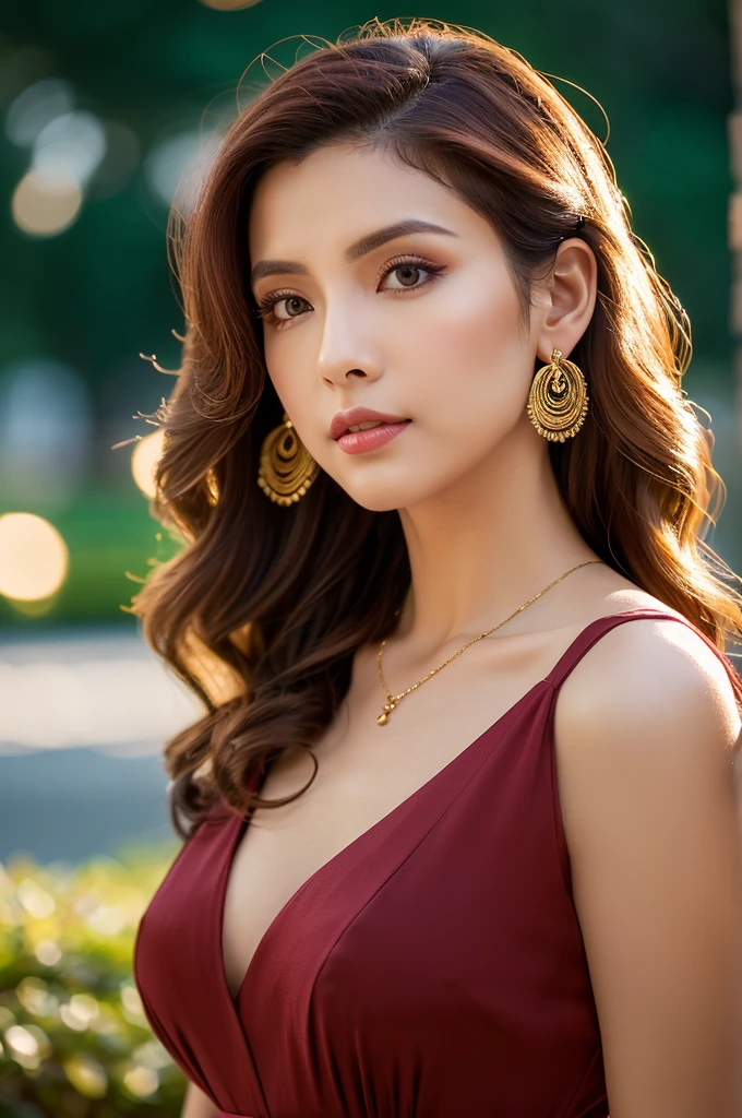 (Generate Woman Image), (Masterpiece artwork: 1.2), (details Intricate: 1.2), portraite, (Sensual expression: 1.2), (Apparent Age: age 28), (ethnic group: caucasiana), (eyecolor: cerulean), (Hair type: wavy red hair), (hair styles: Loose Hair with Soft Waves), (make-up: make-up noturna com destaques labiais), (vestimentas: Elegant Dress with Deep Neckline), (Accessories: long earrings), (scenecy: Elegant neighborhood), (Uplighting: Soft candlelight), (colors: Ruby and Golden Tones), (resolution: 4K), (artwork style: realisitic), (Focus on Posture and Expression), (neutral background), (compositing: Mid-Body Framing with Emphasis on Waist Curve), (atmosphere: sensuous), (No Hair Decoration).
