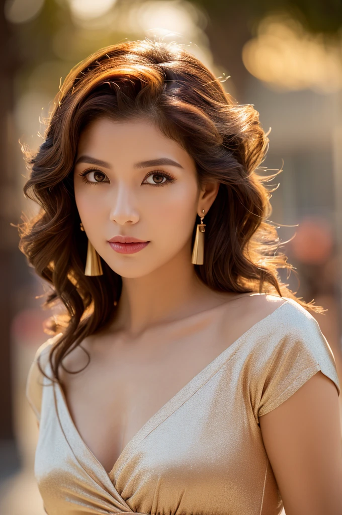 (Generate Woman Image), (Masterpiece artwork: 1.2), (details Intricate: 1.2), portraite, (Sensual expression: 1.2), (Apparent Age: age 28), (ethnic group: caucasiana), (eyecolor: cerulean), (Hair type: wavy red hair), (hair styles: Loose Hair with Soft Waves), (make-up: make-up noturna com destaques labiais), (vestimentas: Elegant Dress with Deep Neckline), (Accessories: long earrings), (scenecy: Elegant neighborhood), (Uplighting: Soft candlelight), (colors: Ruby and Golden Tones), (resolution: 4K), (artwork style: realisitic), (Focus on Posture and Expression), (neutral background), (compositing: Mid-Body Framing with Emphasis on Waist Curve), (atmosphere: sensuous), (No Hair Decoration).