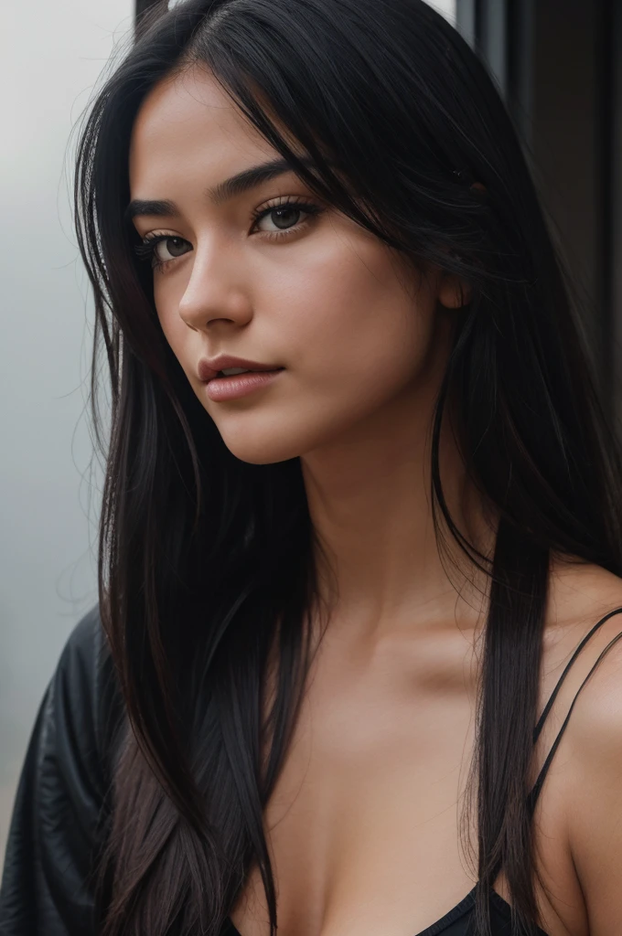 1girl in, age19, Solo, long hair, Colossal , Looking at Viewer, black hair,sexy face, black eyes, Realistic, front pose, depth oF Field, F/1. 8, 85mm, Medium shot, mid shot, (((proFessionally color graded))), bright soft diFFused light, (volumetric Fog), trending on Instagram, hdr 4k, 8k
