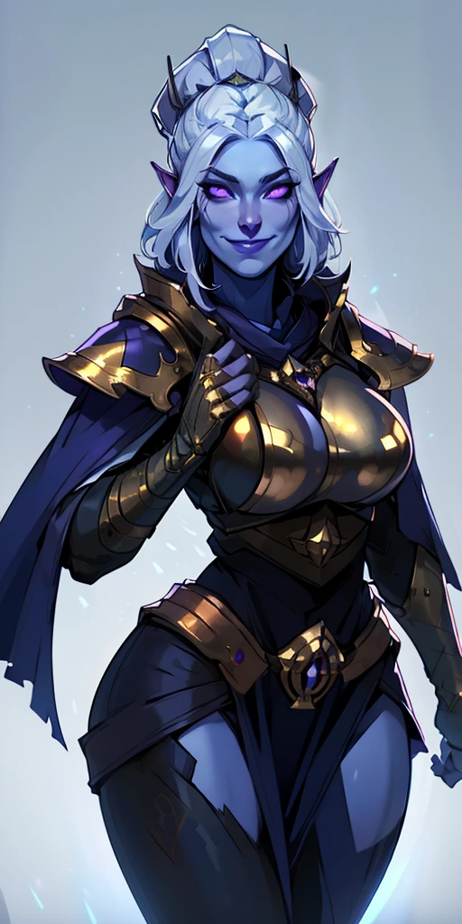(Female chest covered) (smile) blue skin pale golden hair and violet eyes. She prefers clothing of white and silver with cloaks of deep blue or purple, plain background, huge_knockers ((very precise detailed)) ((highres)