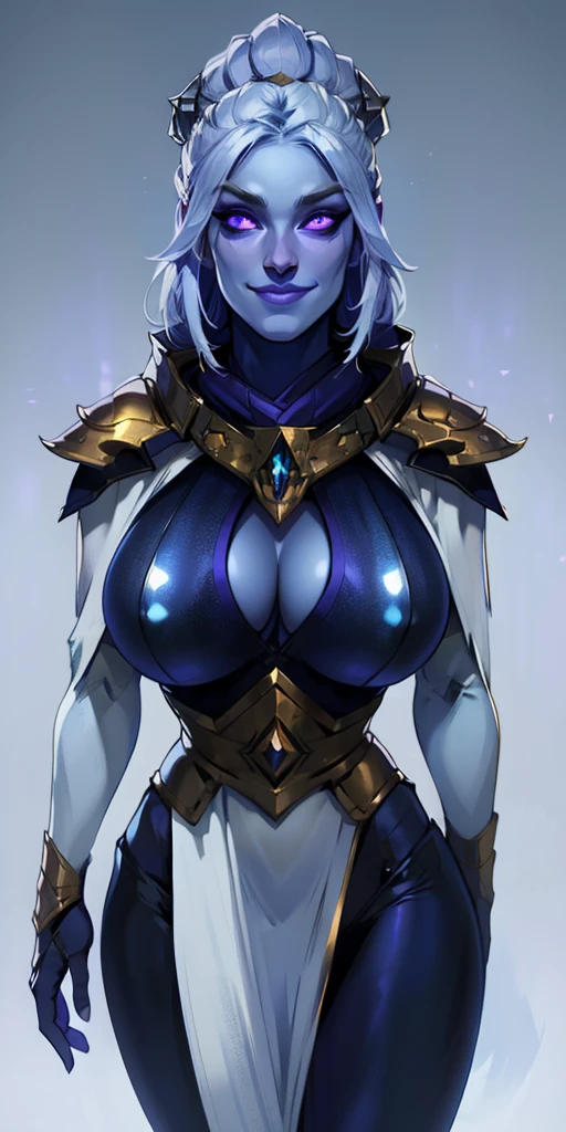 (Female chest covered) (smile) blue skin pale golden hair and violet eyes. She prefers clothing of white and silver with cloaks of deep blue or purple, plain background, huge_knockers ((very precise detailed)) ((highres)