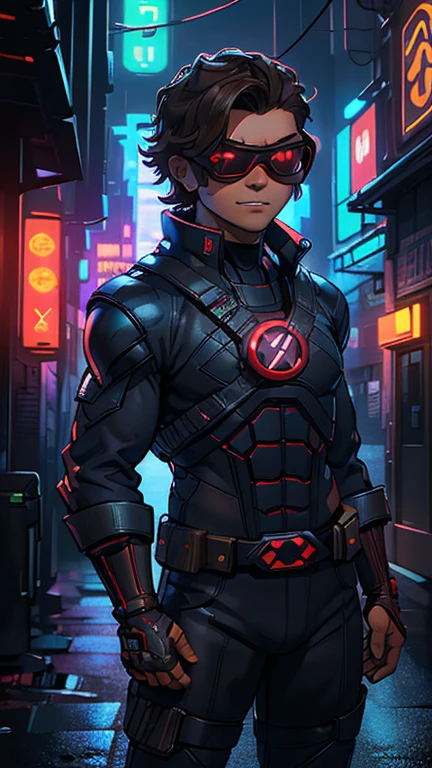 best quality,masterpiece,1boy,solo,(((13years old))),japanese boy,an extremely cute and handsome boy,highly detailed handsome face and eyes,petit,cute face,lovely face,baby face,shy smile,show teeth, Brown hair,short hair,flat chest,skinny,slender,(((wearing Cyclops costume,red nvg gogglles))),(((standing in Dark Midnight Neon Glow light Cyberpunk Metropolis city))),he is looking at the viewer,