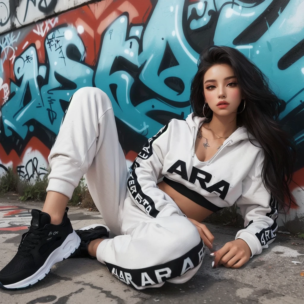 arafed woman lying in front of a graffiti wall, graffiti in the background, she is wearing "ARA" streetwear, hip hop style, woman in streetwear, graffiti in background, hiphop urban inspired, airbrush style, promo shoot, female streetwear blogger, photo from a promo shoot, graffiti inspired, casual pose, alanis guillen, style of julia razumova
