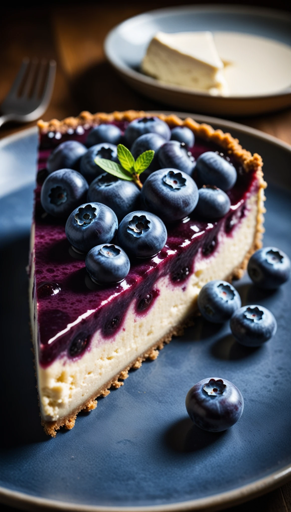 Documentary RAW Photography,a Blueberry Cheesecake, highlighting its exquisite, lacy texture and impeccable balance. The composition should evoke an irresistible urge to taste, with every detail crafted to inspire both amateur and seasoned cooks, (sharpness in detail:1.1), masterpiece, 35mm photograph, (iconic photograph:1.4), (visual storytelling:1.2), film grain, award winning photography,vibrant use of light and shadow, high quality textures of materials, volumetric textures perfect composition, dynamic play of light, rich colors, epic shot, perfectly quality, natural textures,high detail, photoshadow, (natural colors, correct white balance, color correction, dehaze),(intricate detailed), 8k