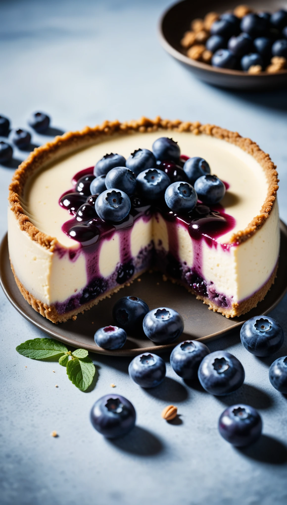 Documentary RAW Photography,a Blueberry Cheesecake, highlighting its exquisite, lacy texture and impeccable balance. The composition should evoke an irresistible urge to taste, with every detail crafted to inspire both amateur and seasoned cooks, (sharpness in detail:1.1), masterpiece, 35mm photograph, (iconic photograph:1.4), (visual storytelling:1.2), film grain, award winning photography,vibrant use of light and shadow, high quality textures of materials, volumetric textures perfect composition, dynamic play of light, rich colors, epic shot, perfectly quality, natural textures,high detail, photoshadow, (natural colors, correct white balance, color correction, dehaze),(intricate detailed), 8k