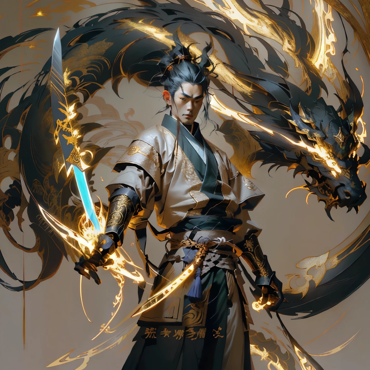 Anime character holding sword and fire, heise jinyao, Inspired by Huang Shen, xianxia hero, author:Yang J, Keqing from genshin impact, inspired by Guan Daosheng, Inspired by Zhang Sengyao, The handsome guy in Demon Slayer, g liulian art style, Human-dragon fusion, Inspired by Zhao Yuan