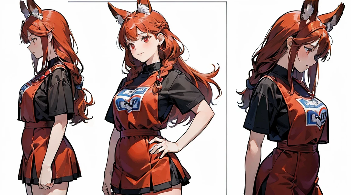 ((best quality)), ((masterpiece)), ((Practical)) 19 years old, Red-haired girl, , Relaxed happy face ((slim)) (plump), Mini skirt lycra , Long hair, Red eyes、Double braids、Uma Musume、Animal ears、(((Detailed character list, Front view, side view, Three-quarter view))) White background