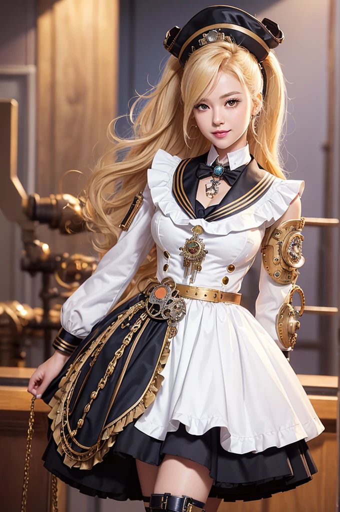 Woman portrait、Highest quality、Rear view、8K, clear, Fine skin、Clear, beautiful eyes、Cleavage、The beauty of a smile,Curly Hair、whole body、My hair was messed up by the wind、(Glamorous Muscle、tall),(Hip_superior, Hip superior), Beauty,( Watching the audience),Realistic, High resolution, Soft Light,1 female, One person,blonde hair,ponytail,Fine Skin, Naughty look,((Steampunk ruffle dress)),Steampunk style girl、Costumes decorated with lots of gear and watches,(White and orange check stripes,Sailor-style armor with white and gold collar)、Beautiful Steampunk Guild Staff Costume Banker Uniform,(White and orange checked steampunk white steampunk jacket, Short jeweled tie,wrist cuffs,Gemstone Helmet,White coat,Gemstone Belt、High leg,Steampunk maid),((arms behind back)),(bokeh),(studio lighting)