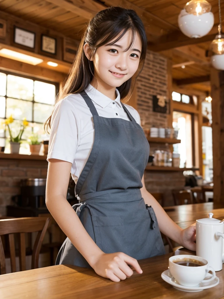 18-year-old girl working at a quiet cafe. Apron skirt.　Happy expression　Low angle shooting