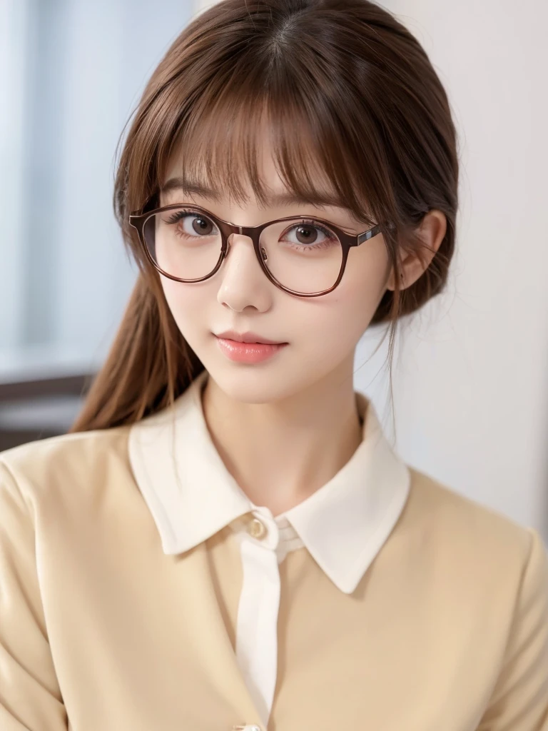 1girl, masterpiece, high_quality, office_uniform, glasses, brown_hair