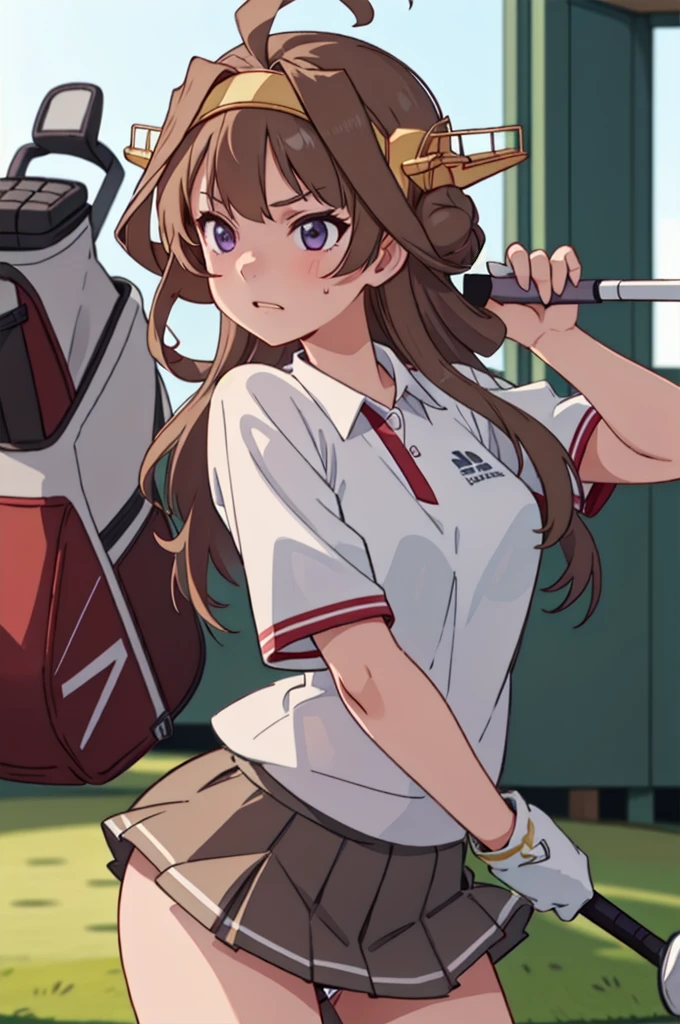 KanColle Kongou, black, Ahoge, Brown Hair, Double Bang, Hair Bun, Hair Bunド, headgear, Long Hair, (Purple eyes:1.1), 
(Golf Wear), (Pleated skirt), Golf Swing, (Panty shot),Golf shot breaking looking at viewer, 
Destroy outdoors,Breaking a golf club (masterpiece:1.2), Highest quality, High resolution, unity 8k wallpaper, (figure:0.8), (Beautiful attention to detail:1.6), Highly detailed face, Perfect lighting, Highly detailed CG, (Perfect hands, Perfect Anatomy),