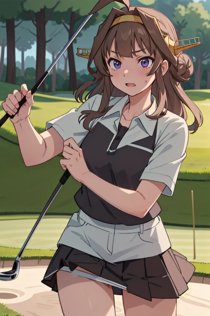 KanColle Kongou, black, Ahoge, Brown Hair, Double Bang, Hair Bun, Hair Bunド, headgear, Long Hair, (Purple eyes:1.1), 
(Golf Wear), (Pleated skirt), Golf Swing, (Panty shot),Golf shot breaking looking at viewer, 
Destroy outdoors,Breaking a golf club (masterpiece:1.2), Highest quality, High resolution, unity 8k wallpaper, (figure:0.8), (Beautiful attention to detail:1.6), Highly detailed face, Perfect lighting, Highly detailed CG, (Perfect hands, Perfect Anatomy),