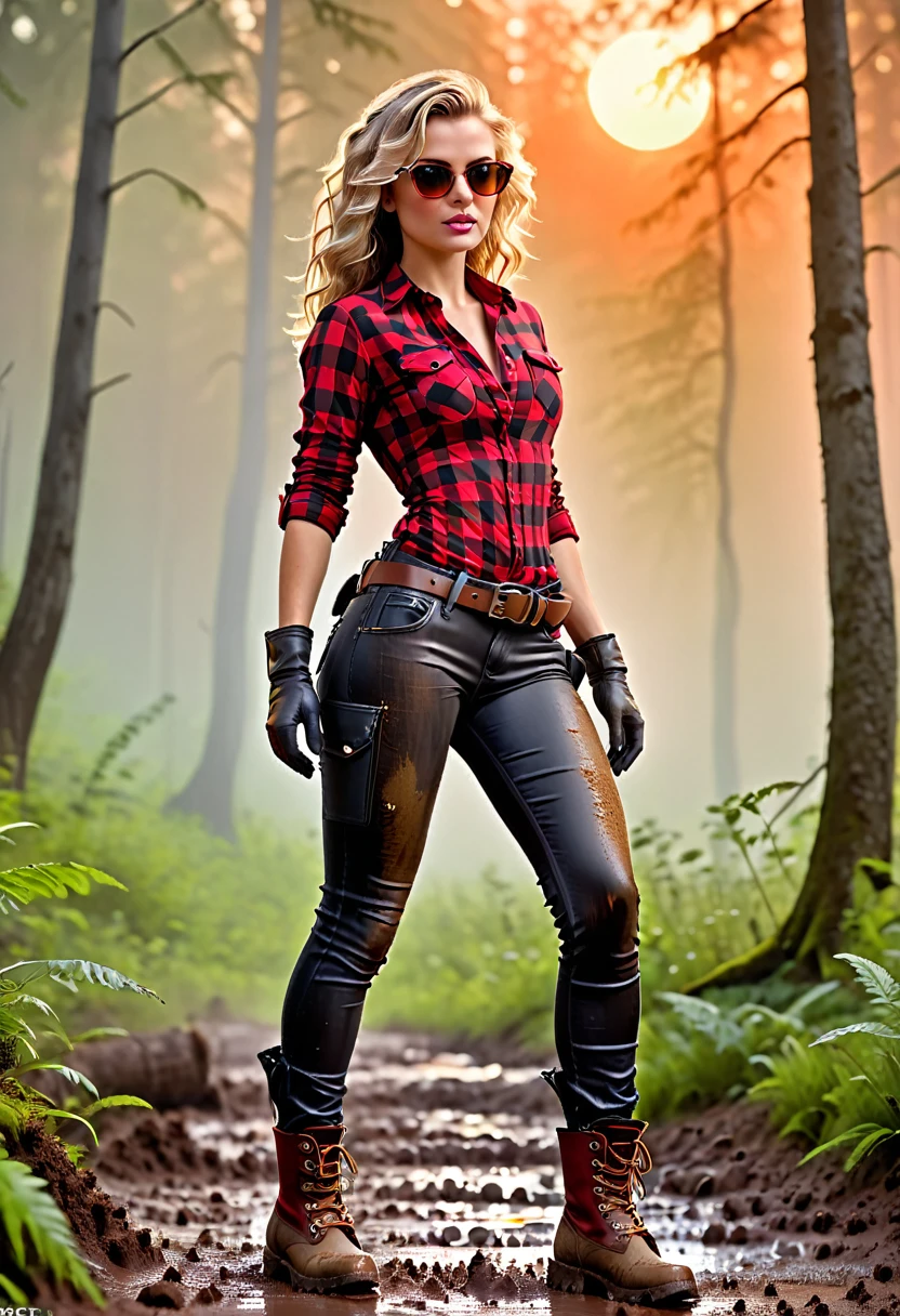 Gorgeous European blonde woman, age 23, wavy hair. She's wearing a tight red checkered shirt, (skintight dirty muddy washed-out black jeggings:1.3), hiking boots, belt, small rounded red sunglasses, gloves, (spreading legs showing crotch:1.2). Side view. Full Body. Perfect body, perfect buttocks, blurry foreground, UHD, retina, masterpiece, accurate, anatomically correct, textured skin, super detail, high details, high quality, award winning, best quality, highres, 16k, 8k, sunset light.