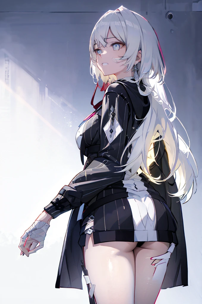 1girl, {Solitary}, Upper Body ,{{ {Watching at viewer}}}, Arms at your sides, Concept Art, white Background, simple Background, White hair, Silver gradient hair , Composite cloth, Asymmetrical clothes, Virtual YouTuber, best quality, masterpiece, Dynamic Angle, , cowboy_shooting, Watching_Back, grab, girl,Miss,woman, young,20 years old, Very long hair, Hair Flip, Silver Hair, Flowing hair, Ahog, giggle, Beautiful and delicate golden eyes, teeth, Large Breasts, Blonde eyes, White skin, hoodie, Black_shorts, Gray clothes, transparent_Background, Backlighting, absurd, high resolution, Extremely detailed,sweater,No pants