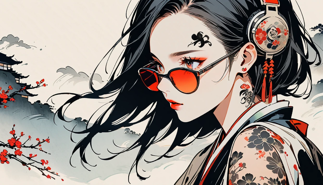 Ink Painting, (((1 girl))), (((Tattoo on face))), sunglasses, Japanese style headphones, beautiful girl, Black Hair, Delicate and precise, Modern ukiyo-e style, dark