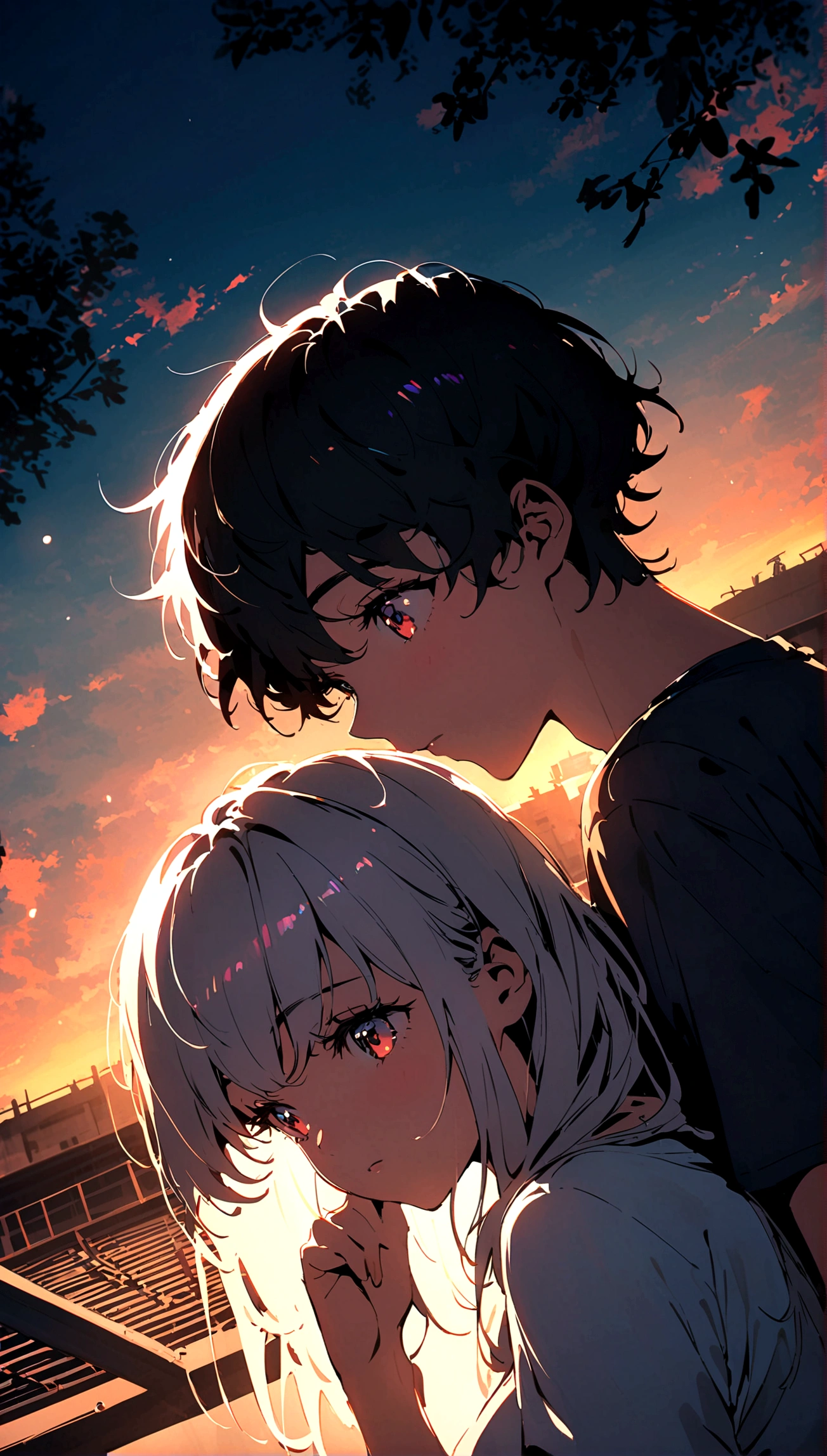 Youth, school rooftop, young men and women, sunlight, summer, night