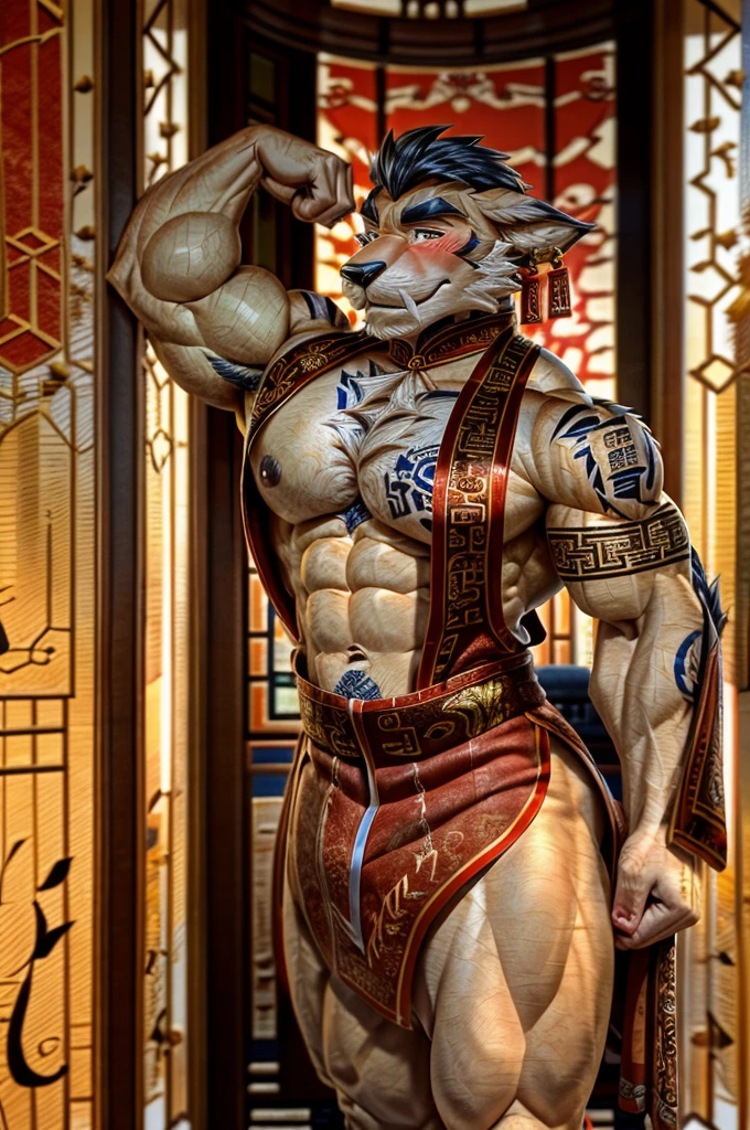 1 man, muscular, furry, gay, young, 20 years old, sexy, chinese traditional sexy dress, hole in his chest, big chest, plump big juicy butt, teasing, flexing his chest, holding a red fan, tattoo, sexy pose, red carpet, Chinese architecture, blushing hard, smiling, surrounded by handsome old men, beautiful, man only, hd resolution, detailed face, slim body, furry shawl over the shoulders down to the hands, traditional chinese earrings.
