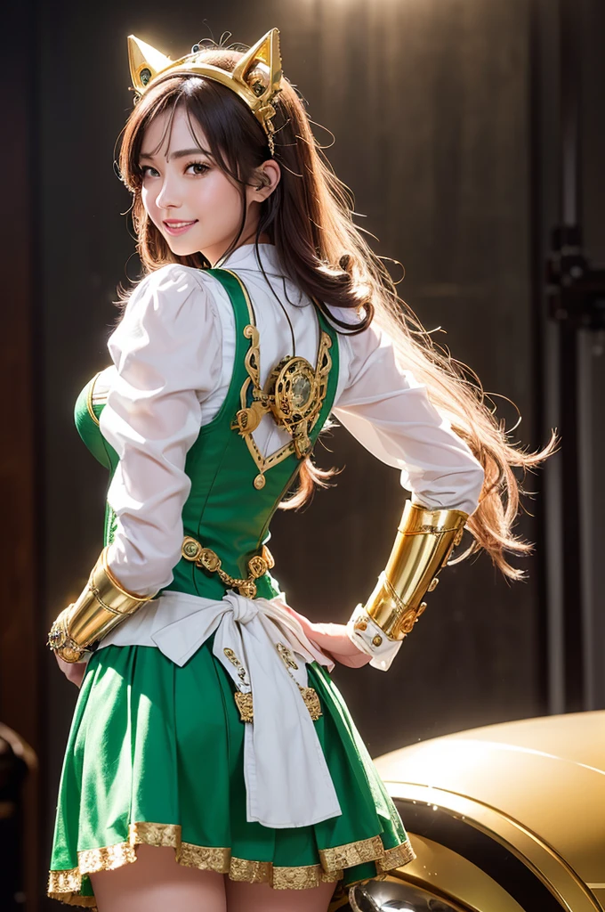 Woman portrait、Highest quality、Rear view、8K,Detailed face, clear, Fine skin、Clear, beautiful eyes、whole body、(Curly Hair)、My hair was messed up by the wind、The beauty of a smile、(Glamorous Muscle、tall),(Hip_superior, Hip superior), Mature Woman,( Watching the audience),Realistic, High resolution, Soft Light,1 female, alone, Hipアップ, Glowing Skin, (Detailed face), Sexy smile, Perfect Style, Perfect balance,Gold hair,Long Hair,Naughty look,((Steampunk dirndl)),(Green and white mech, High-tech Mecha,Beautiful steampunk cyborg woman,Steampunk Mecha Cyborg Girl,Lime green steampunk green and white jacket,High leg,Steampunk bodystocking,Gorgeous decorated gold belt,beads,elbow gloves,Gemstone Helmet,white dress shirt,Short jeweled tie,wrist cuffs,Gemstone Helmet,Steampunk bodystocking,one piece,fake animal ear,),((arms behind back)),(bokeh),(studio lighting)