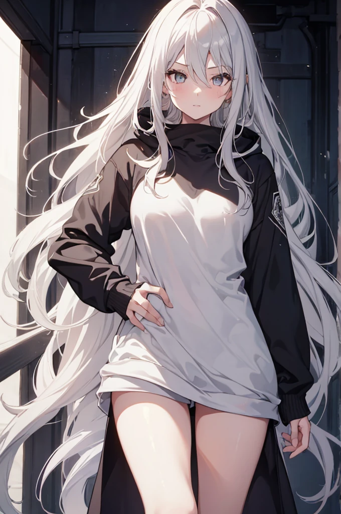 1girl, {Solitary}, Upper Body ,{{ {Watching at viewer}}}, Arms at your sides, Concept Art, white Background, simple Background, White hair, Silver gradient hair , Composite cloth, Asymmetrical clothes, Virtual YouTuber, best quality, masterpiece, Dynamic Angle, , cowboy_shooting, Watching_Back, grab, girl,Miss,woman, young,20 years old, Very long hair, Hair Flip, Silver Hair, Flowing hair, Ahog, giggle, Beautiful and delicate golden eyes, teeth, Large Breasts, Blonde eyes, White skin, hoodie, Black_shorts, Gray clothes, transparent_Background, Backlighting, absurd, high resolution, Extremely detailed,sweater,No pants