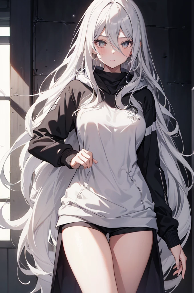 1girl, {Solitary}, Upper Body ,{{ {Watching at viewer}}}, Arms at your sides, Concept Art, white Background, simple Background, White hair, Silver gradient hair , Composite cloth, Asymmetrical clothes, Virtual YouTuber, best quality, masterpiece, Dynamic Angle, , cowboy_shooting, Watching_Back, grab, girl,Miss,woman, young,20 years old, Very long hair, Hair Flip, Silver Hair, Flowing hair, Ahog, giggle, Beautiful and delicate golden eyes, teeth, Large Breasts, Blonde eyes, White skin, hoodie, Black_shorts, Gray clothes, transparent_Background, Backlighting, absurd, high resolution, Extremely detailed,sweater,No pants