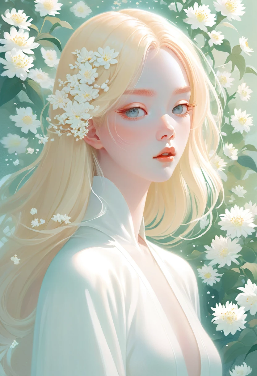 An illustration with soft tones and a dreamy feel。The characters in the picture are covered with a large number of small white flowers,Gives a hazy and mysterious visual effect。Soft space,Modern illustration elements。Tranquility、Pure atmosphere,Reminiscent of spring and new life。blond woman with white flowers covering her face and eyes, inspired by Hsiao-Ron Cheng, inspired by Yanjun Cheng, by Ayami Kojima, by Hsiao-Ron Cheng, by Yanjun Cheng, Guweiz, artwork in the style of Guweiz, by Eizan It's a gift, cake, james jean and wlop