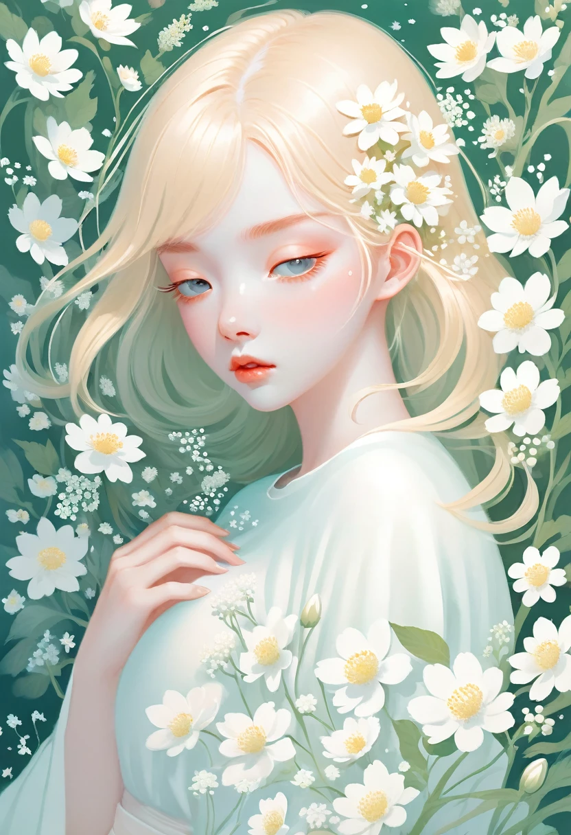 An illustration with soft tones and a dreamy feel。The characters in the picture are covered with a large number of small white flowers,Gives a hazy and mysterious visual effect。Soft space,Modern illustration elements。Tranquility、Pure atmosphere,Reminiscent of spring and new life。blond woman with white flowers covering her face and eyes, inspired by Hsiao-Ron Cheng, inspired by Yanjun Cheng, by Ayami Kojima, by Hsiao-Ron Cheng, by Yanjun Cheng, Guweiz, artwork in the style of Guweiz, by Eizan It's a gift, cake, james jean and wlop