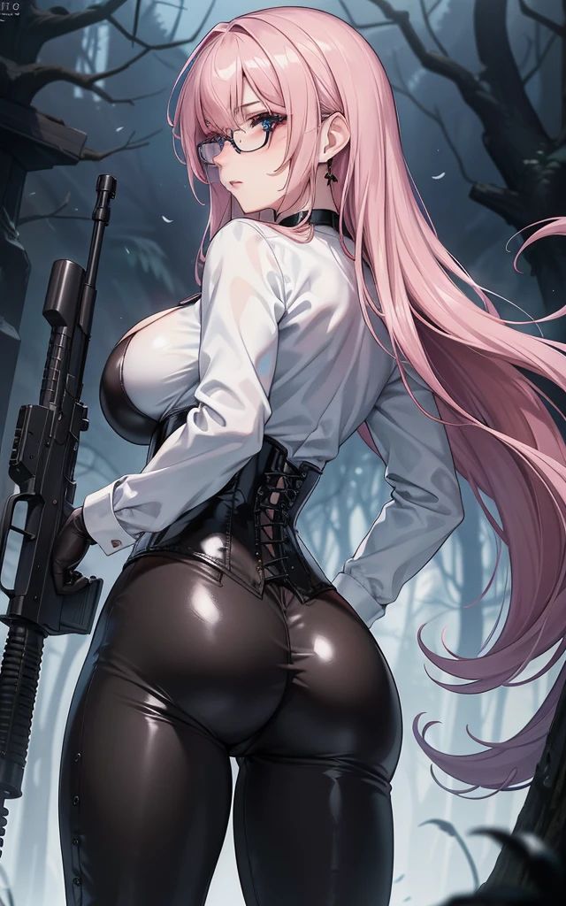 Masterpiece, Beautiful art, professional artist, 8k, art style by sciamano240, detailed body, Very detailed face, very detailed eyes, Detailed clothing, detailed fabric, Best Quality, better resolution, 1 girl, bronya zaychik \(Honkai Impact 3rd\), view from behind, perfect ass, standing, big breasts, serious expression, At night , long silver hair, choker:1.6, (white long sleeve button down shirt with white collar), (shiny black corset), black gloves that cover your hands, holding a gun in hand, (shiny black leggings), looking at the viewer, dark forest, Atmosphere, fog, At night