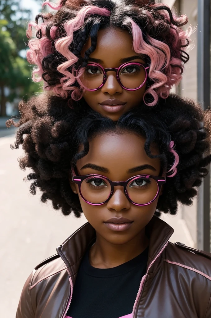 Screenshot of boku no hero academia, beautiful dark-skinned woman with curly hair with pink highlights and round black glasses