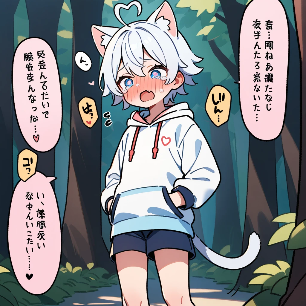 (masterpiece:1.2,high quality),8K,High resolution,A seven-year-old boy,cute boy,white hair,short hair,light blue eyes,((heart-shaped pupils))heart ahoge,cat ears,full-face blush,tears,skin fang,Halation,Wearing a white hoodie,Dark blue shorts,Stand in the forest,There are flowering trees on both sides.,primary school student,thigh,alone,cat tail,(Put your hands in your pockets)
