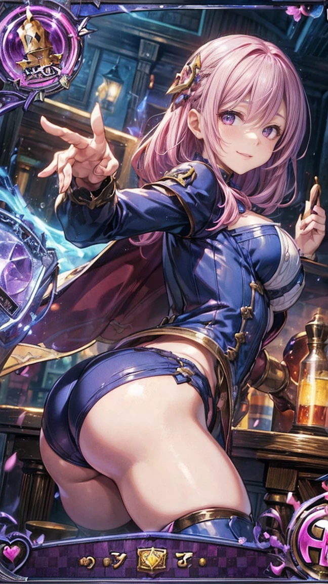 (1 Mature Alchemist,Age 35), ((Pub,guild)),(smile),Dynamic pose,Dynamic Angle,Pose for a photo,From below,Elderly woman、Trading Card Game Frames、Highest Rare、Five Fingers、Signature mark、Big Butt、Pink Hair、Alchemist、Spell Card、Cape、Perky ass