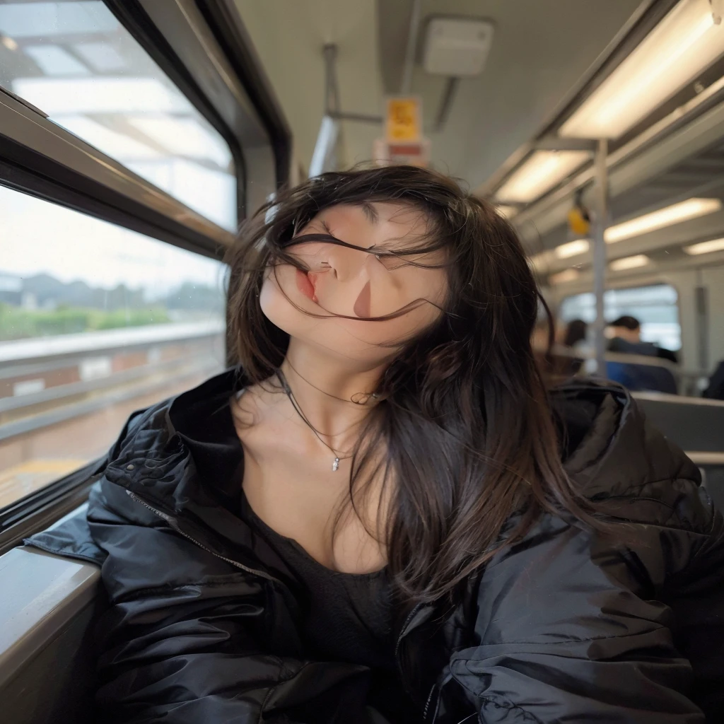 30 years old beautiful hong kong woman, photo in train, natural cleavage, beautiful face, black over jacket, clear background, natural asian skin tone