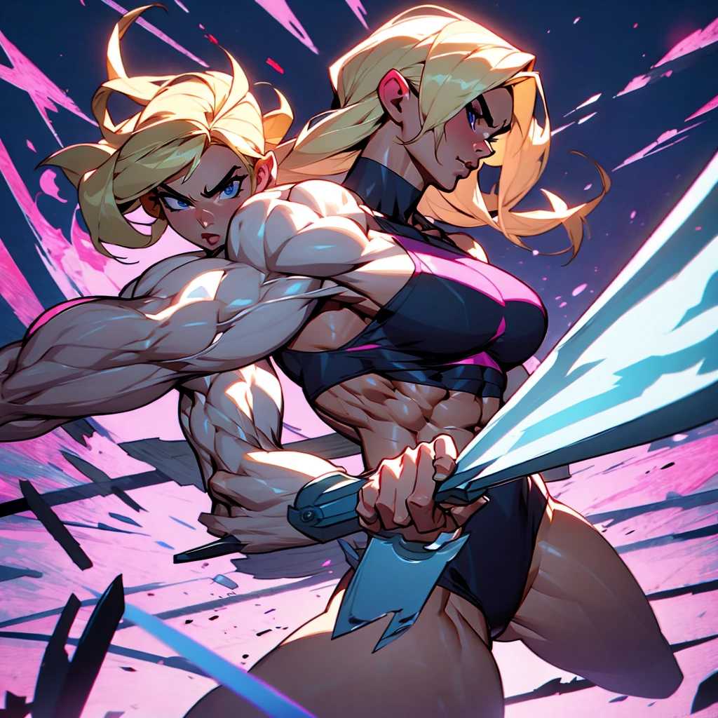 make a muscular woman with strong abs and strong arms, broad shoulders with blonde hair and blue eyes wearing pink and black clothes holding a hatchet in her hand