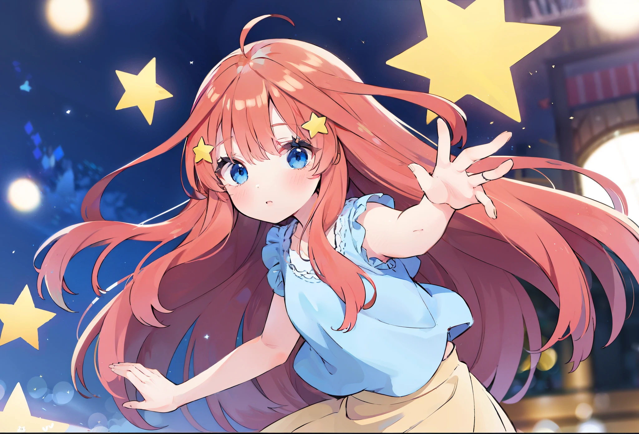 itsuki Nakano, Official art、Beautifully Aesthetic:1.2)、patterns、Hair spreads throughout、4k, excellent quality, Ultra Detail, Soft Light, Deep Focus Bokeh, Ray Tracing, --niji 5. Nakano itsuki from the quintessential quintuplets, itsuki Nakano, long fluffy red hair, blue eyes, nakano_itsuki, star hairclips, splendid, dynamic pose, excellent character design, star hair ornament , perfect face, neat, clean, perfect definition aaitsuki, long fluffy hair,bangs,hair between eyes, (Casual Outfit), long beige skirt, sleeveless top,surrounded by stars, playing with stars, curious amazed face