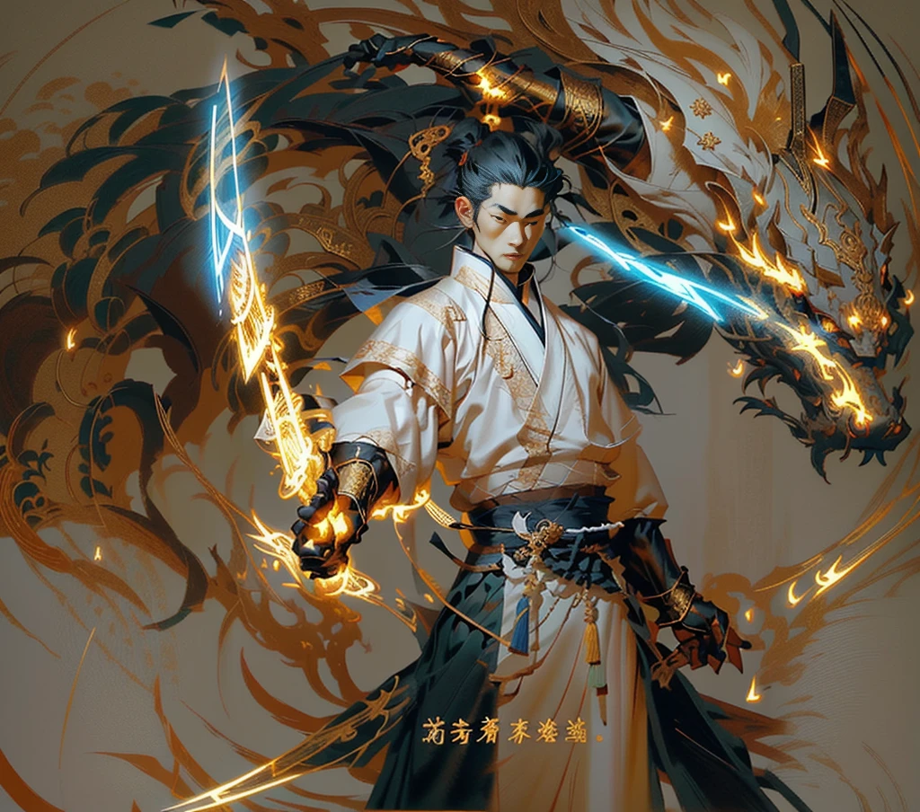 Anime character holding sword and fire, heise jinyao, Inspired by Huang Shen, xianxia hero, author：Yang J, Keqing from genshin impact, inspired by Guan Daosheng, Inspired by Zhang Sengyao, The handsome guy in Demon Slayer, g liulian art style, Human-dragon fusion, Inspired by Zhao Yuan