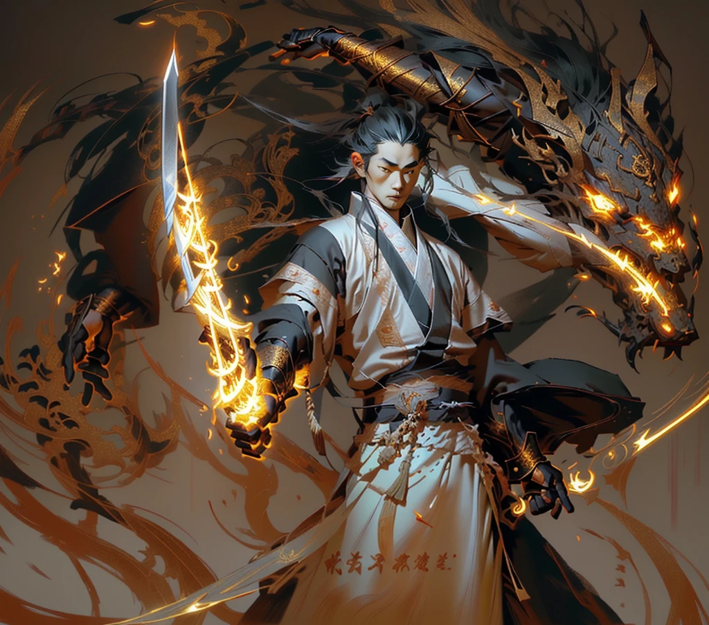 Anime character holding sword and fire, heise jinyao, Inspired by Huang Shen, xianxia hero, author：Yang J, Keqing from genshin impact, inspired by Guan Daosheng, Inspired by Zhang Sengyao, The handsome guy in Demon Slayer, g liulian art style, Human-dragon fusion, Inspired by Zhao Yuan