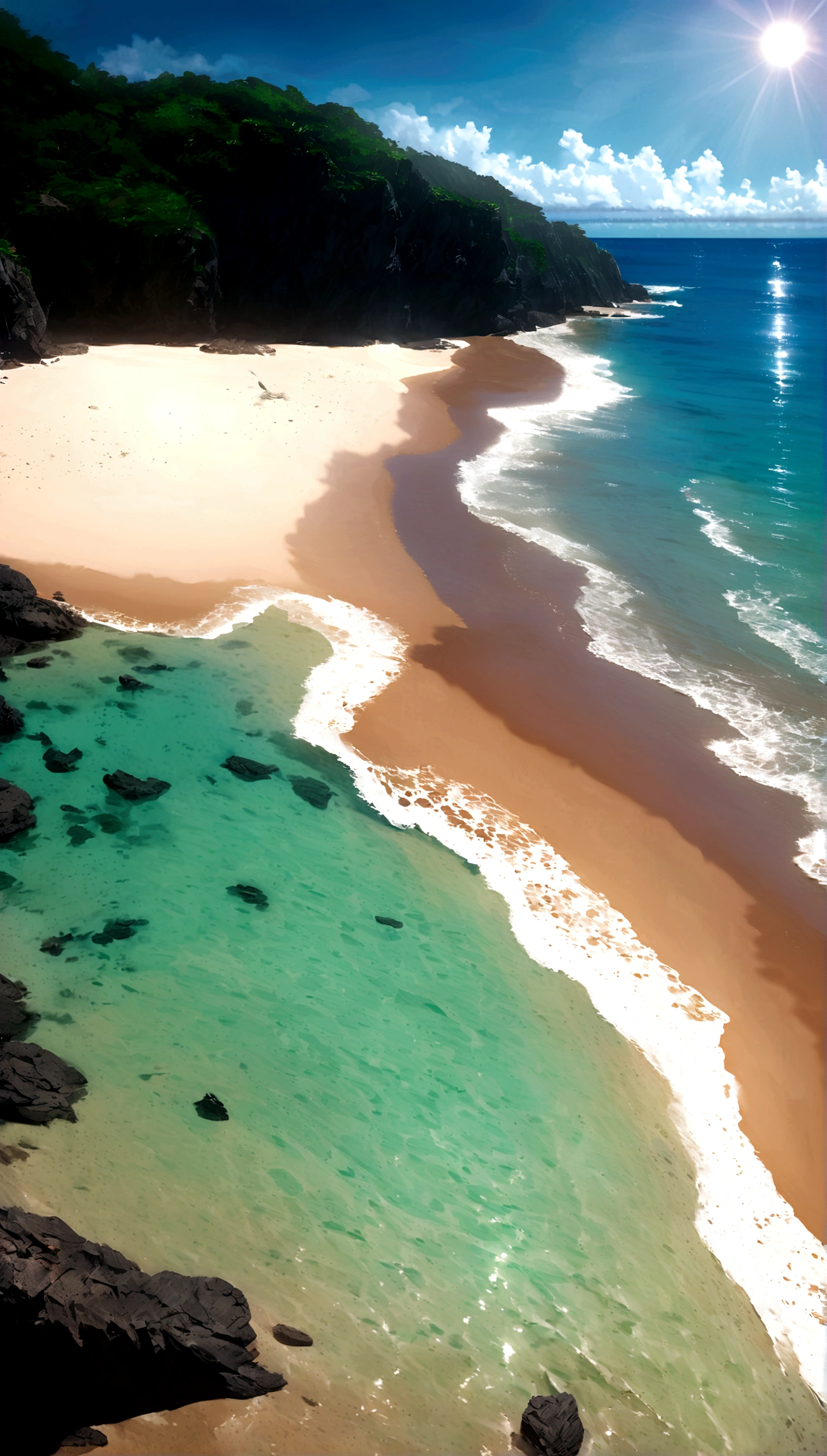 landscape, summer, blue sky, Okinawa, private Beach, Cove, Ocean, unmanned, Beach, Nobody, Hot Weather, sun, HD detailed, Super detailed, movie, Hyperrealism, Soft Light, Deep focus bokeh, Ray Tracing, gwise on art station pixiv, makoto shinkai, art germ