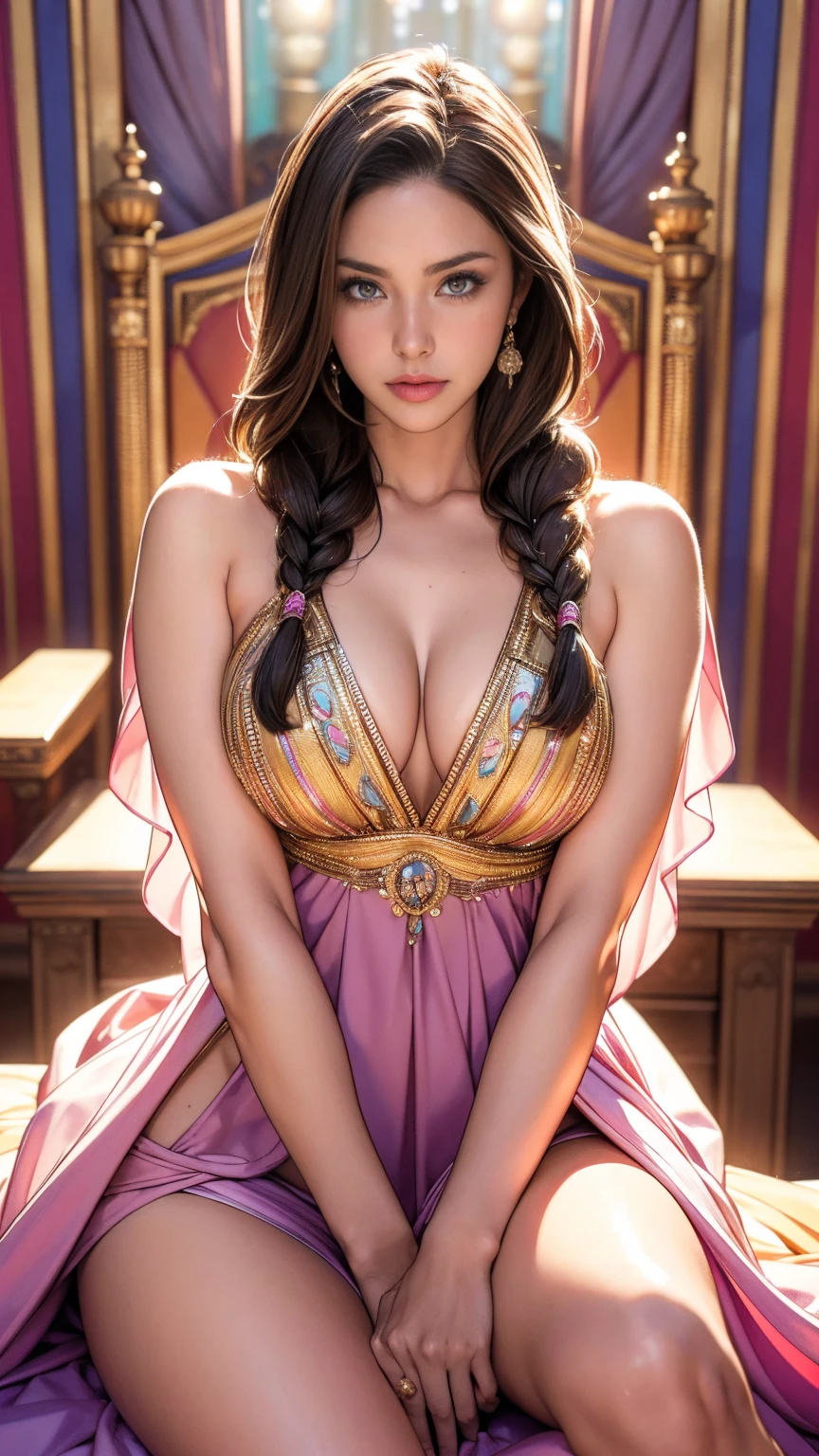 Realistic photo of a beautiful mature woman, (Michelle Pfeiffer:Aria Giovanni:0.5), (skin texture:1.1), (detailed eyes), (brown hair), (braided hair), (detailed face), (skin pores), (legs), (broad shoulders), (strong perfect body), (medium breasts), pale skin, ((high detail plunging colourful royal dress)), throne room background, facing the camera, (masterpiece), (photorealistic:1.4), RAW photo, best quality, high res, rich colors, backlight, bright sunlight, cinematic lighting, film grain, raw photo, 50mm lens, Nikon D850, cool colors