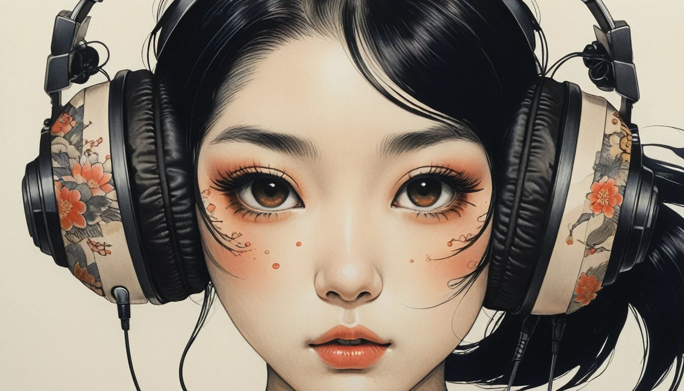 Cover your face with a fox mask, TATOO on the face, Highest quality, Katsushika Hokusai, Ink Painting, (((1 girl))), Japanese style headphones, beautiful girl, Black Hair, Delicate and precise, Modern ukiyo-e style, Darkness