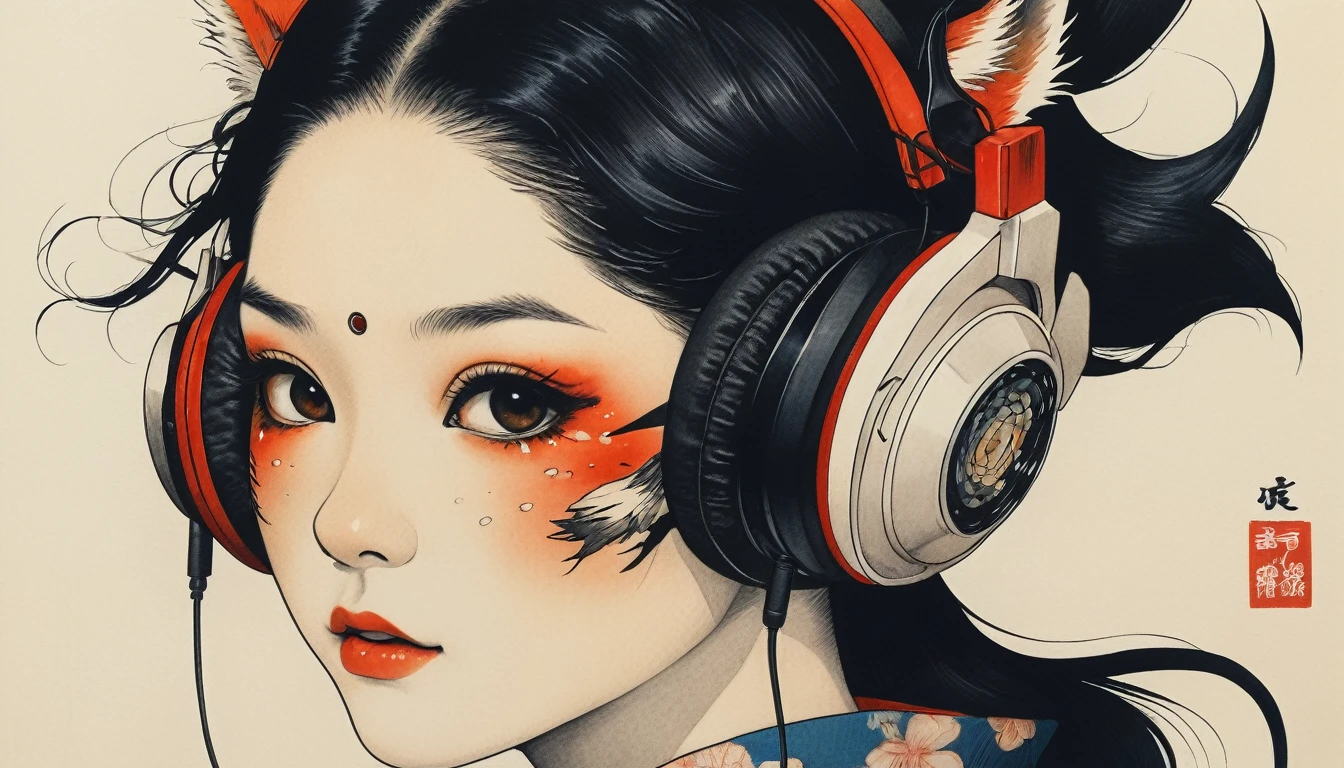 Cover your face with a fox mask, TATOO on the face, Highest quality, Katsushika Hokusai, Ink Painting, (((1 girl))), Japanese style headphones, beautiful girl, Black Hair, Delicate and precise, Modern ukiyo-e style, Darkness