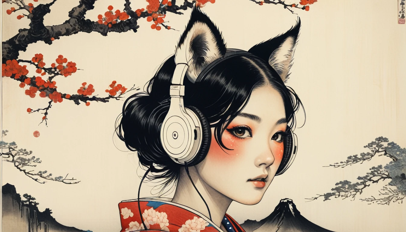 Cover your face with a fox mask, TATOO on the face, Highest quality, Katsushika Hokusai, Ink Painting, (((1 girl))), Japanese style headphones, beautiful girl, Black Hair, Delicate and precise, Modern ukiyo-e style, Darkness
