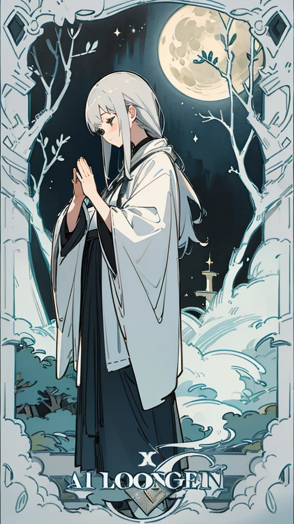 Moonlit Night、A girl praying、Gray Hair、forest、Moonlit lakeside