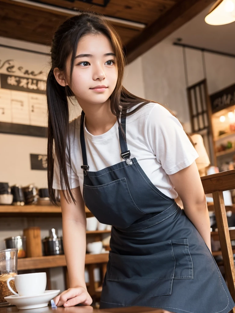 18-year-old girl working at a quiet cafe. Apron skirt. Low angle shooting