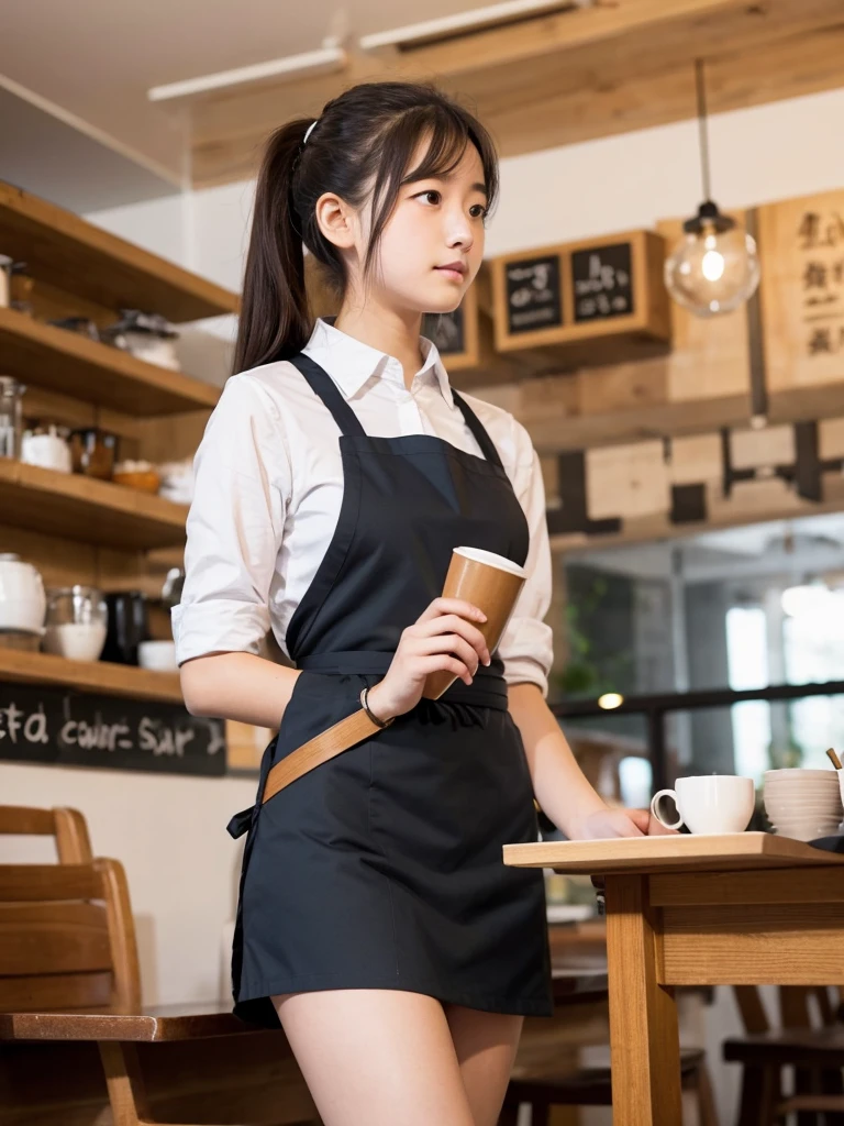 18-year-old girl working at a quiet cafe. Apron skirt. Low angle shooting