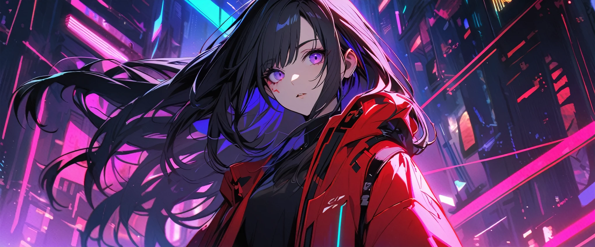 Handsome, solo, 1 female, long hair, black hair, blue highlights on hair tips, purple eyes, black shirt, red robe, futuristic, cyberpunk