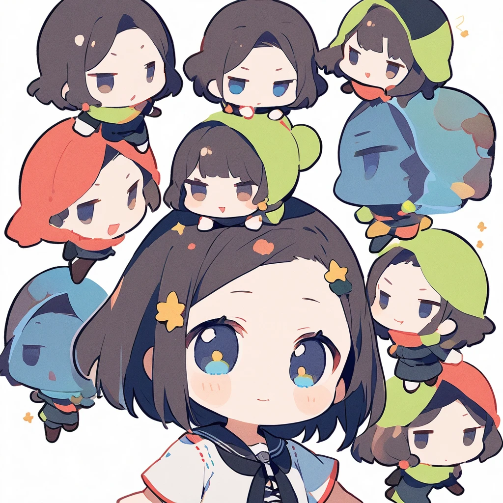 White background,(Chibi Character) ,three-headed body、girl、cute