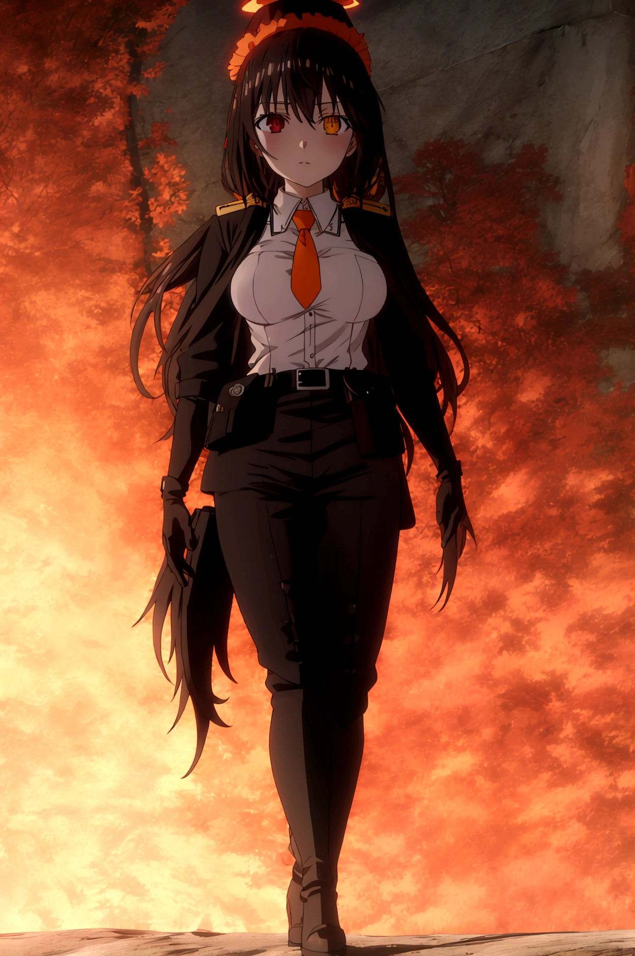 Anime adaptation for this character, (masterpiece) , (best quality), (ultra HD), 4K, tokisaki kurumi, tokisaki kurumi, heterochromia, black hair, very long hair, red right eye, yellow left eye, ornament hair, large breast, white shirt, orange necktie, belt, pouch, black pants, thigh boots, military hat, black gloves, black wings, orange halo