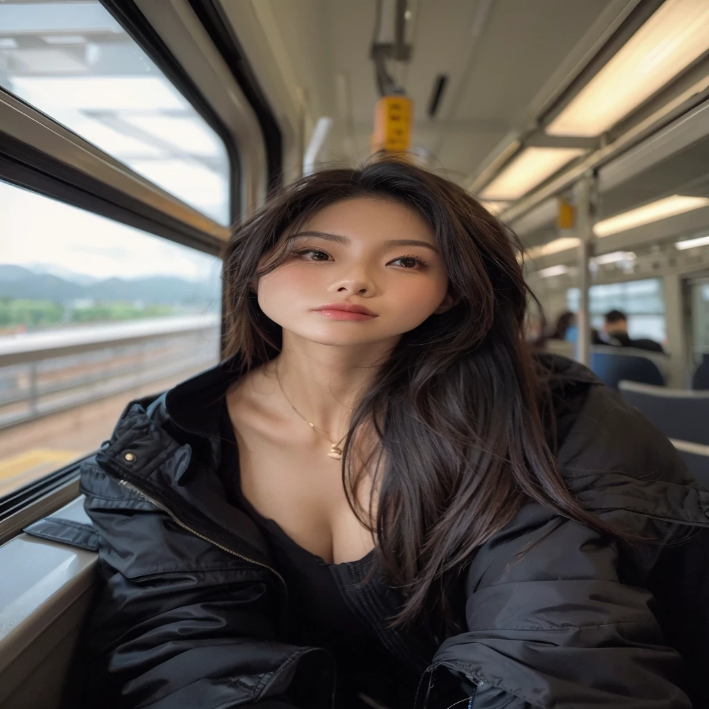 30 years old beautiful hong kong woman, photo in train, natural cleavage, beautiful face, black over jacket, clear background, natural asian skin tone